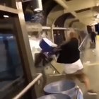 Woman splashes man with mop water in front of the janitor, man returns the favor with the intensity of a thousand suns